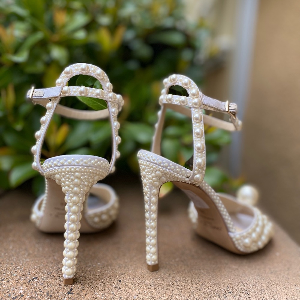 New Jimmy Choo Sacora 100 White Satin Sandals with All Over Pearls 36 - Picture 11 of 17